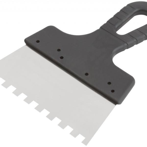 Шпатель 8х8мм 200мм, нержавеющий зубчатый с пластмассовой ручкой, FIT,06628